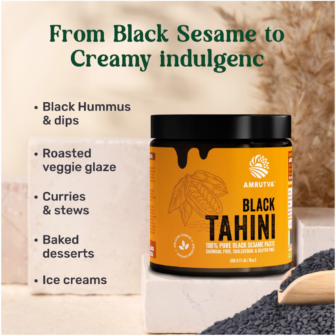 Amrutva Black Tahini made from roasted black sesame seeds. Perfect for dips; spreads; and more. Boost heart health with this excellent source of fiber.