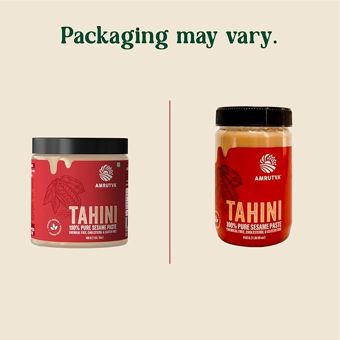 Creamy Amrutva White Tahini made with premium quality sesame seeds. This white tahini is perfect for hummus; dips; and more. 100% natural; pure; and stone-ground for a smooth; nutty flavor.