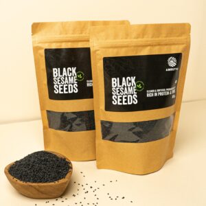 Premium quality natural black sesame seeds in a bowl and package.