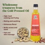 Amrutva Cold Pressed Groundnut Oil made with premium Indian peanuts using traditional wooden kolhus/chekku. This groundnut oil is 100% natural; pure; and perfect for cooking