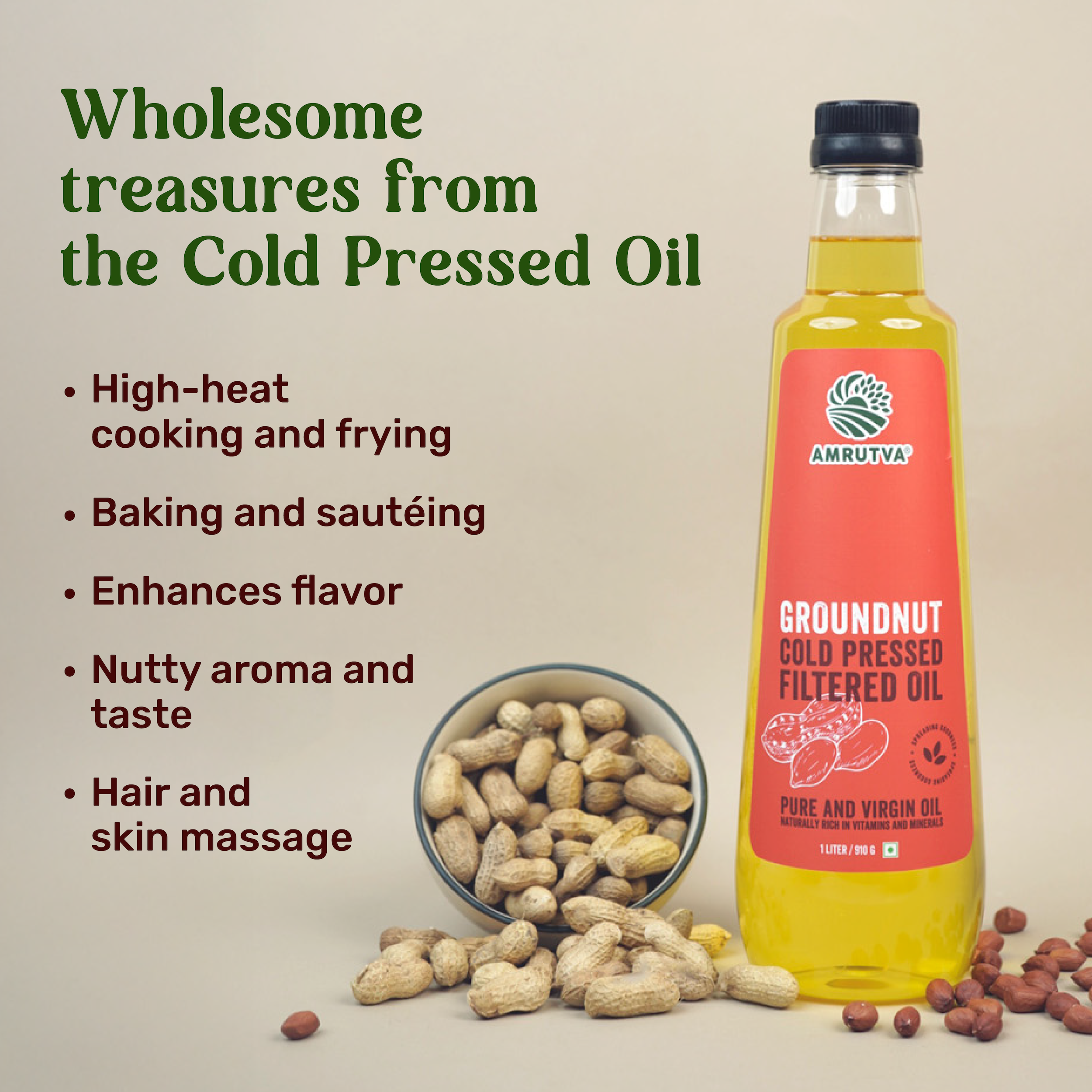 Amrutva Cold Pressed Groundnut Oil made with premium Indian peanuts using traditional wooden kolhus/chekku. This groundnut oil is 100% natural; pure; and perfect for cooking